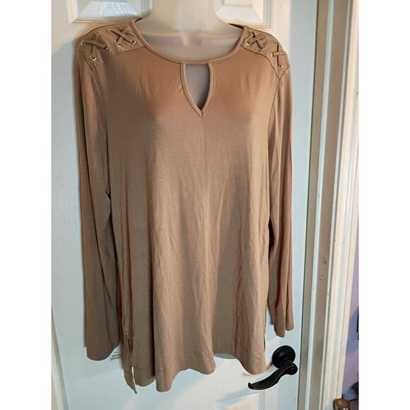 Chicos Top Brown Sz 2 L Liquid Knit Stretch Business Casual - Picture 2 of 8